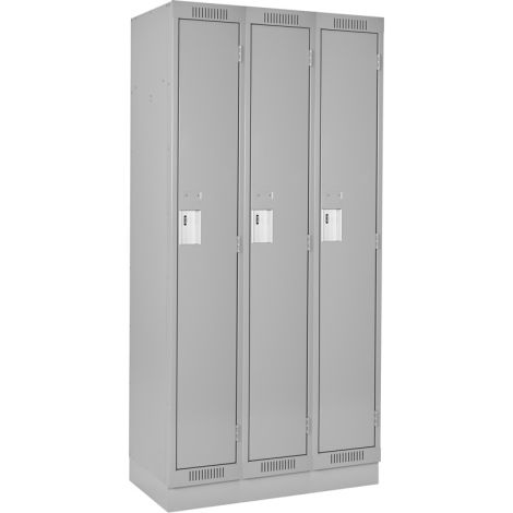 Clean Line™ Single Tier Lockers - Bank of 3, 36" x 18" x 76", w/Recessed Base. Steel, Grey, Rivet (Assembled)