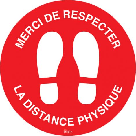 "Distance physique" Floor Sign - 12" Dia. - Height: Flat - Language: French with Pictogram - Material: Vinyl - Display Type: Adhesive - Case/Qty: 6