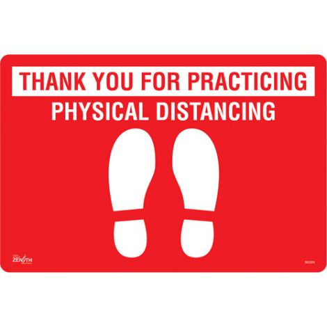 "Physical Distancing" Floor Sign - Height: Flat - Language: English with Pictogram - Material: Vinyl - Display Type: Adhesive - Case/Qty: 3